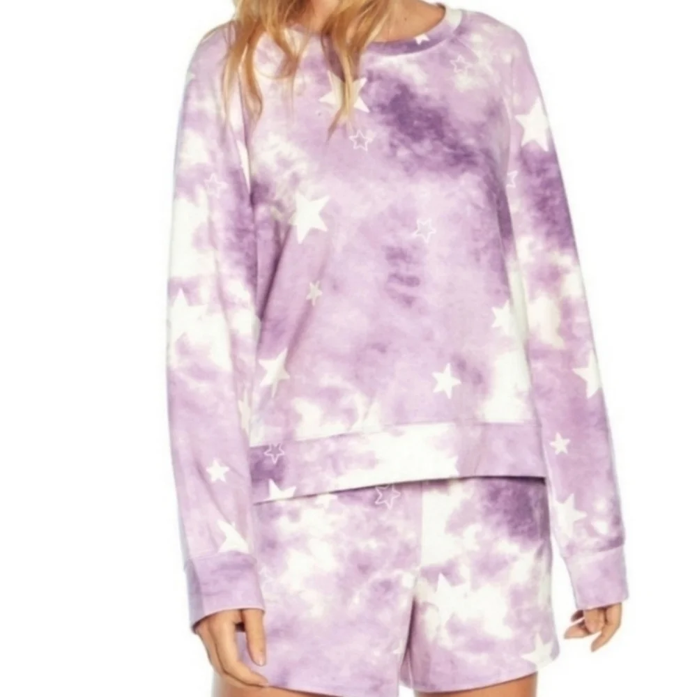Wildfox Lounge Set Sweatshirt Shorts Tie Dye Stars Pajama PJ Purple Pink L